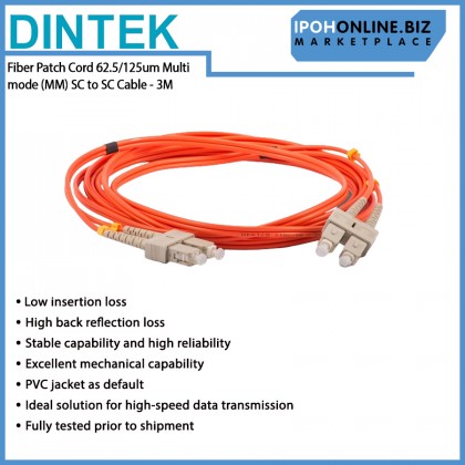 Dintek Fiber Patch Cord 62.5/125um Multi mode (MM) SC to SC 3Meter Cable Dintek Fiber Patch Cord 62.5/125um Multi mode (MM) SC to SC 3Meter Cable
